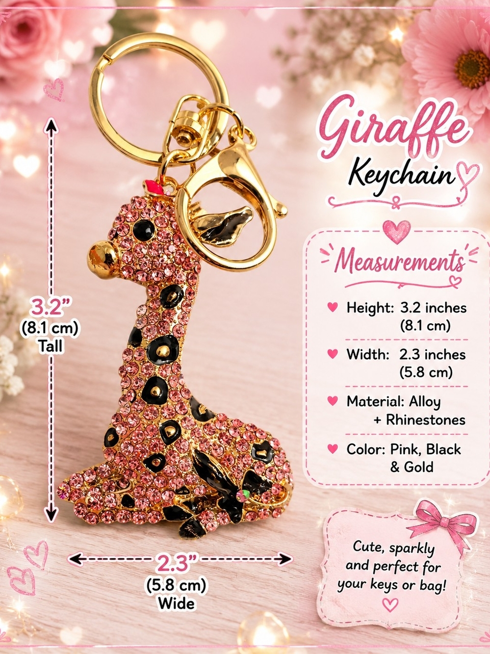 Giraffe Rhinestone Keychain - Pink & Gold